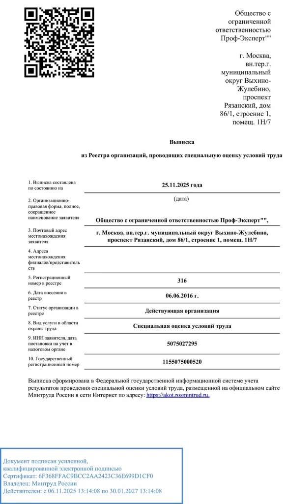 Выписка из реестра организаций, проводящих СОУТ
